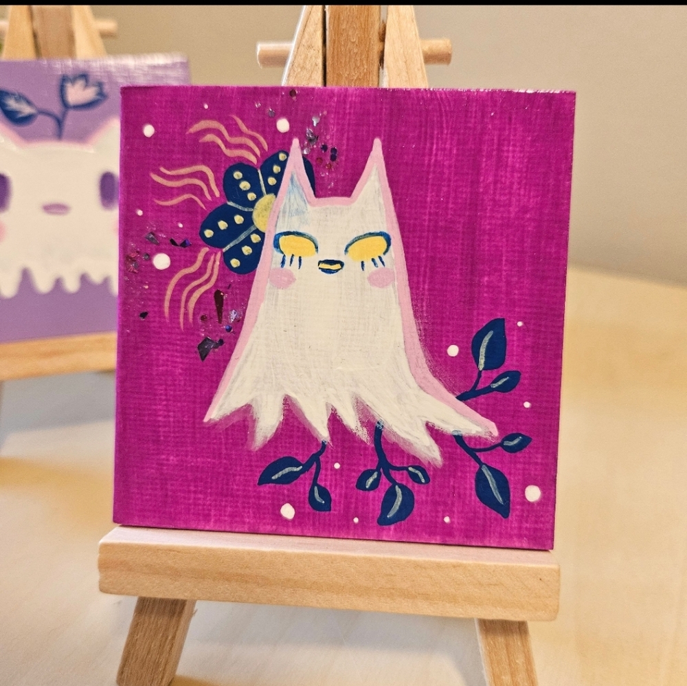 Cute Ghost Cat Mini Canvas Paintings